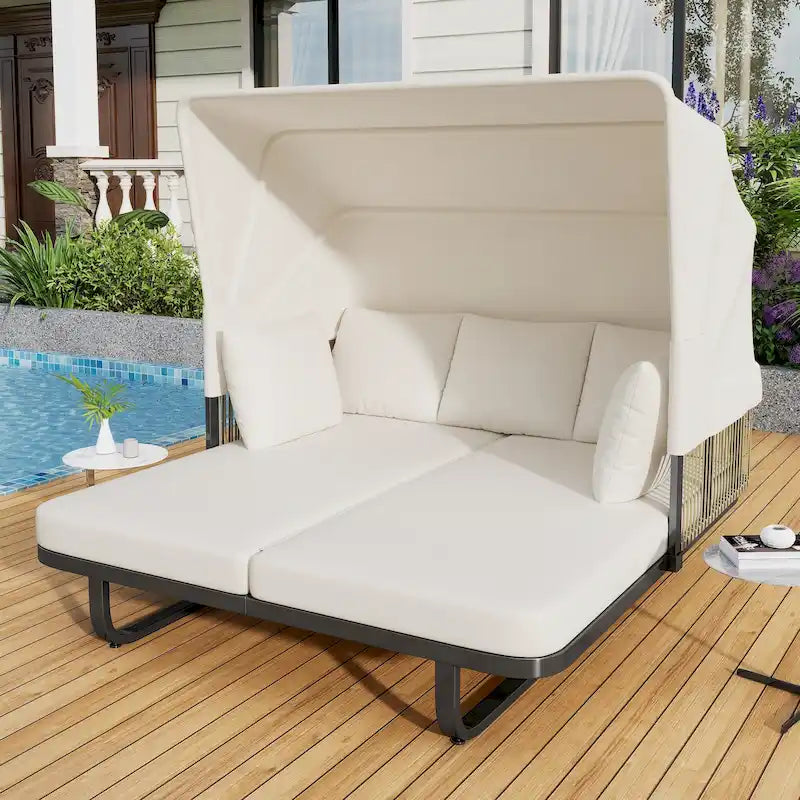 57 Letto da Giorno per Esterni in Rattan, Lettino prendisole da Esterno con Cuscini Rimovibili per Patio, Giardino e Piscina