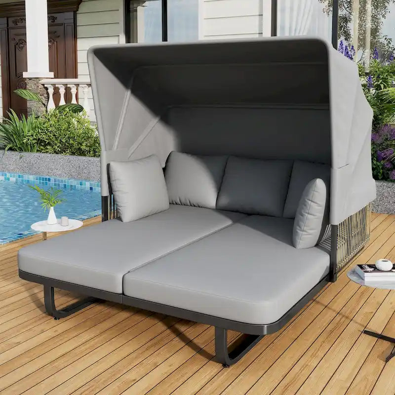 57 Letto da Giorno per Esterni in Rattan, Lettino prendisole da Esterno con Cuscini Rimovibili per Patio, Giardino e Piscina