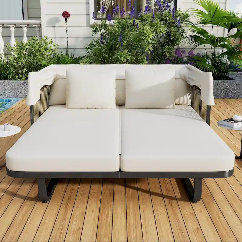57 Letto da Giorno per Esterni in Rattan, Lettino prendisole da Esterno con Cuscini Rimovibili per Patio, Giardino e Piscina