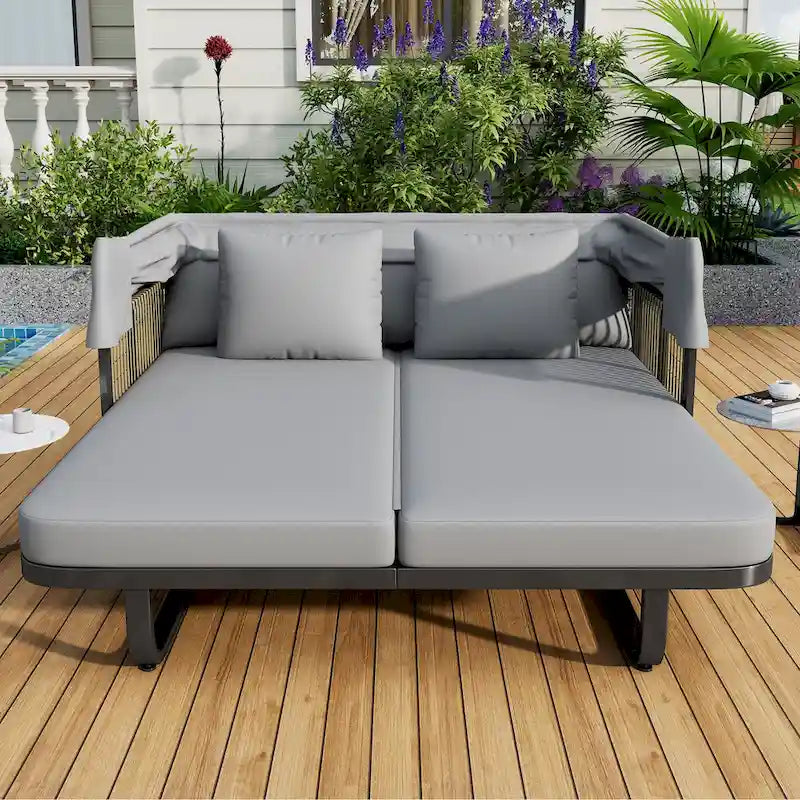 57 Letto da Giorno per Esterni in Rattan, Lettino prendisole da Esterno con Cuscini Rimovibili per Patio, Giardino e Piscina