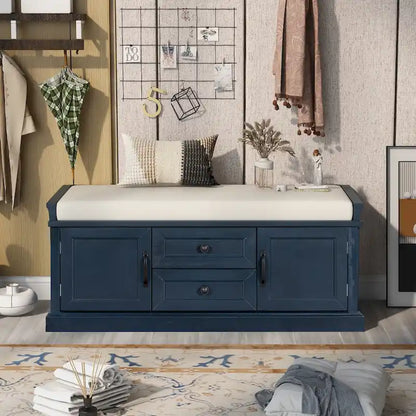 Modern Storage Bench with 2 Storage Drawers and 2 Cabinet Doors, Removable Cushion for Home Entryway and Lounge