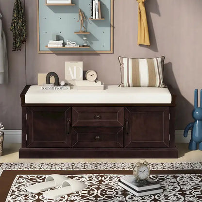 Modern Storage Bench with 2 Storage Drawers and 2 Cabinet Doors, Removable Cushion for Home Entryway and Lounge