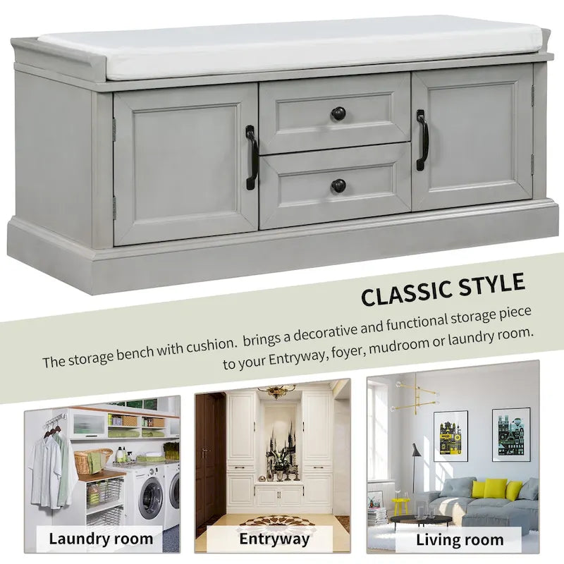 Modern Storage Bench with 2 Storage Drawers and 2 Cabinet Doors, Removable Cushion for Home Entryway and Lounge