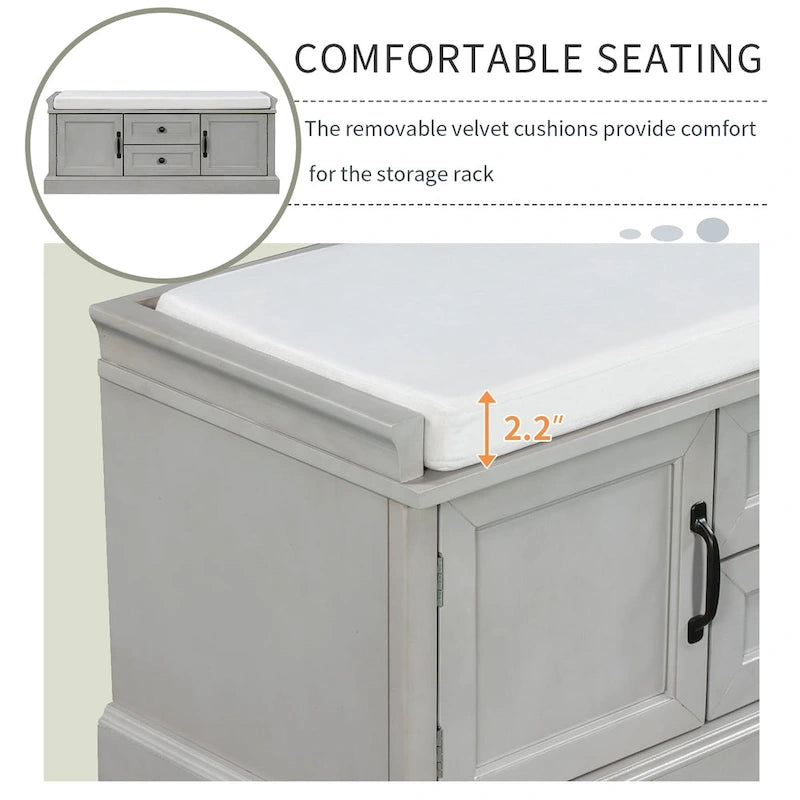Modern Storage Bench with 2 Storage Drawers and 2 Cabinet Doors, Removable Cushion for Home Entryway and Lounge