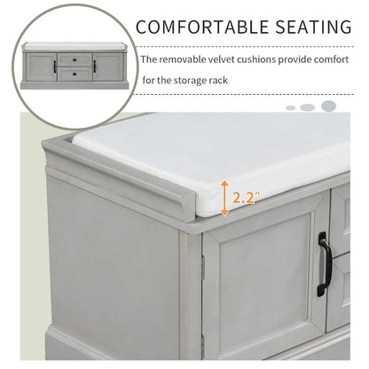 Modern Storage Bench with 2 Storage Drawers and 2 Cabinet Doors, Removable Cushion for Home Entryway and Lounge