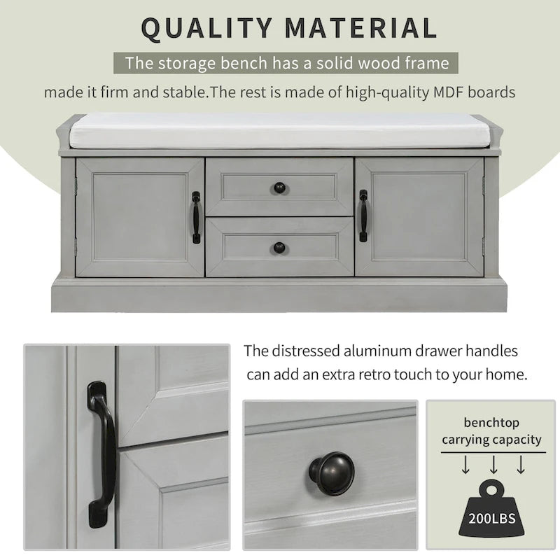 Modern Storage Bench with 2 Storage Drawers and 2 Cabinet Doors, Removable Cushion for Home Entryway and Lounge