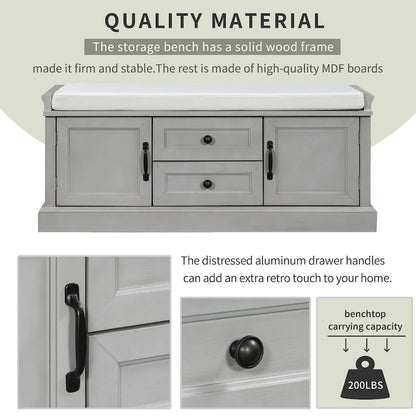 Modern Storage Bench with 2 Storage Drawers and 2 Cabinet Doors, Removable Cushion for Home Entryway and Lounge