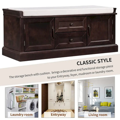 Modern Storage Bench with 2 Storage Drawers and 2 Cabinet Doors, Removable Cushion for Home Entryway and Lounge