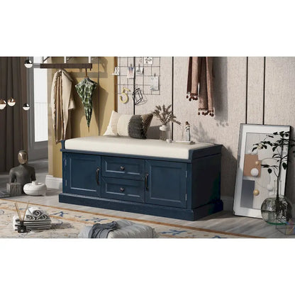 Modern Storage Bench with 2 Storage Drawers and 2 Cabinet Doors, Removable Cushion for Home Entryway and Lounge