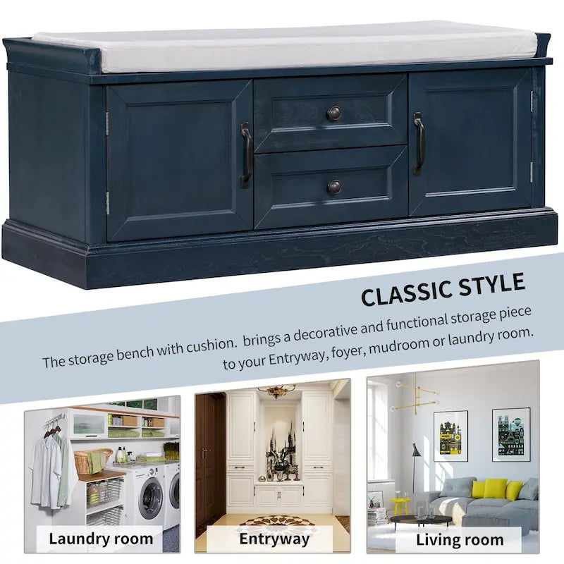 Modern Storage Bench with 2 Storage Drawers and 2 Cabinet Doors, Removable Cushion for Home Entryway and Lounge