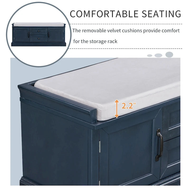 Modern Storage Bench with 2 Storage Drawers and 2 Cabinet Doors, Removable Cushion for Home Entryway and Lounge