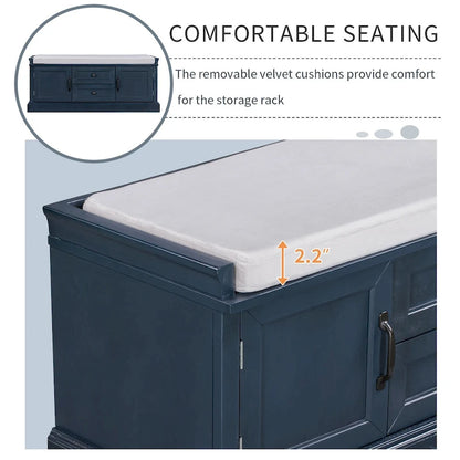 Modern Storage Bench with 2 Storage Drawers and 2 Cabinet Doors, Removable Cushion for Home Entryway and Lounge
