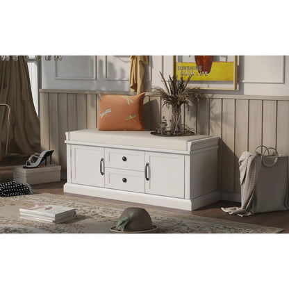 Modern Storage Bench with 2 Storage Drawers and 2 Cabinet Doors, Removable Cushion for Home Entryway and Lounge
