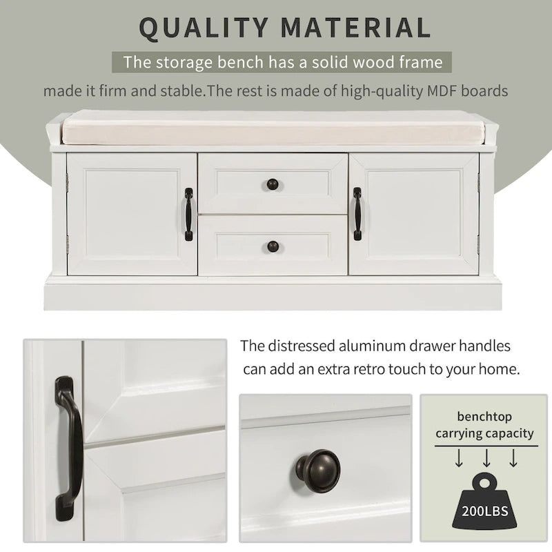 Modern Storage Bench with 2 Storage Drawers and 2 Cabinet Doors, Removable Cushion for Home Entryway and Lounge