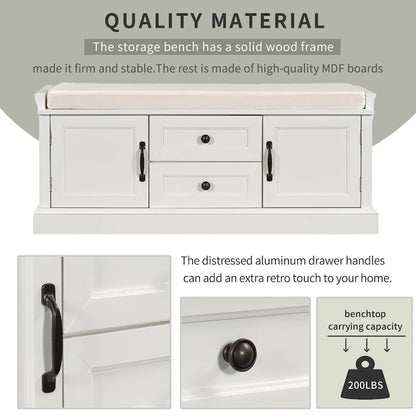 Modern Storage Bench with 2 Storage Drawers and 2 Cabinet Doors, Removable Cushion for Home Entryway and Lounge