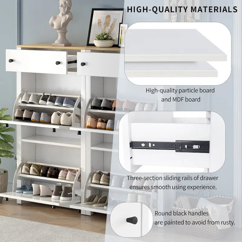 Slim Tipping Bucket Shoe Cabinet Set with 4 Flip Drawers, Wood Grain Pattern Top Shoe Storage Solution with Adjustable Panel