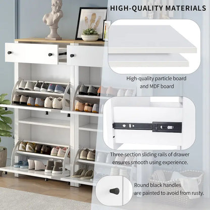 Slim Tipping Bucket Shoe Cabinet Set with 4 Flip Drawers, Wood Grain Pattern Top Shoe Storage Solution with Adjustable Panel