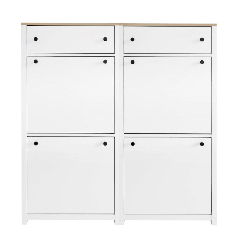 Slim Tipping Bucket Shoe Cabinet Set with 4 Flip Drawers, Wood Grain Pattern Top Shoe Storage Solution with Adjustable Panel