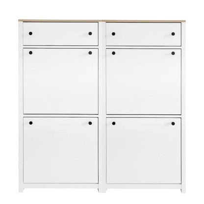 Slim Tipping Bucket Shoe Cabinet Set with 4 Flip Drawers, Wood Grain Pattern Top Shoe Storage Solution with Adjustable Panel