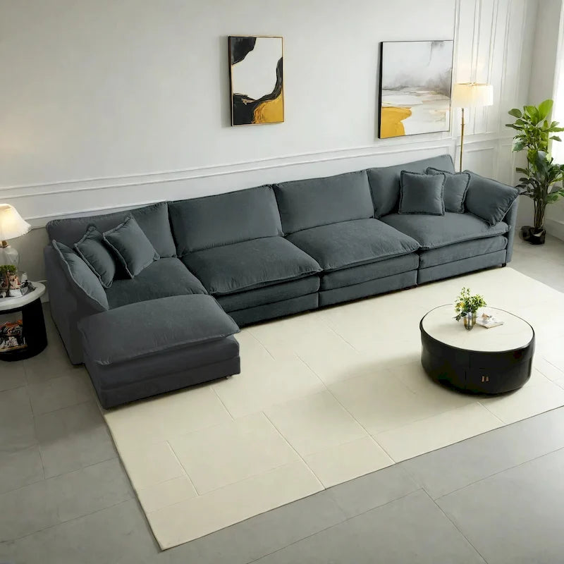 5-Piece Modular Chenille Upholstered L-Shaped Sectional Sofa with Ottoman