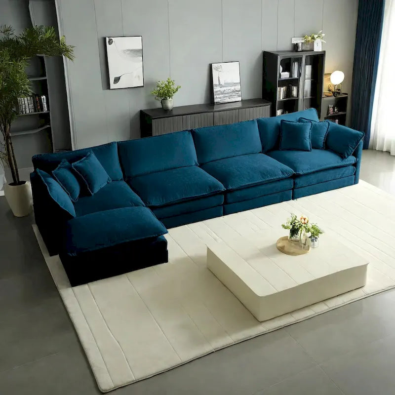 5-Piece Modular Chenille Upholstered L-Shaped Sectional Sofa with Ottoman