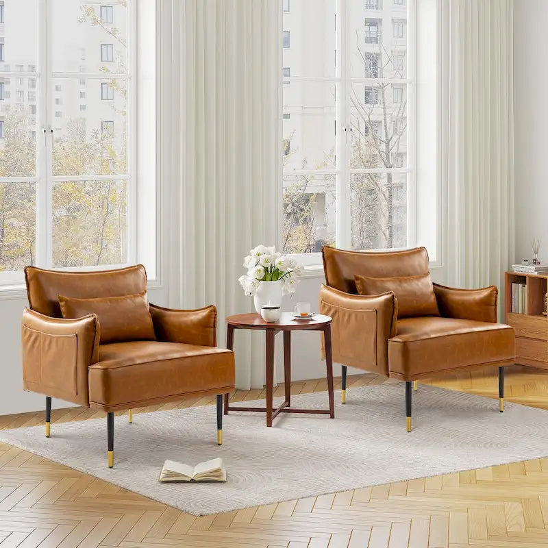 Glitzhome Set of 2 29.5 W Mid-Century Modern Leatherette Armchairs With Side Pocket - 29.5  W x 32  H x 28.75  D