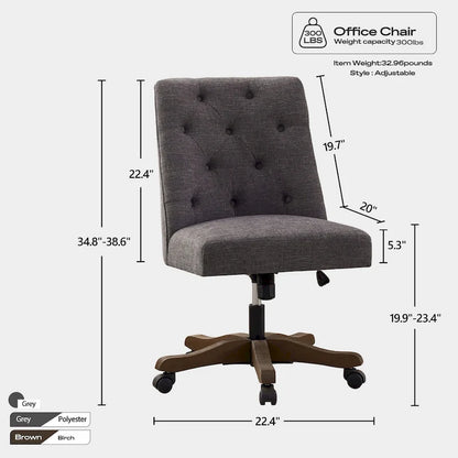 Upholstered Swivel Desk Chair, Armless Home Office Chair, Adjustable Height Computer Chair with Wheels for Study