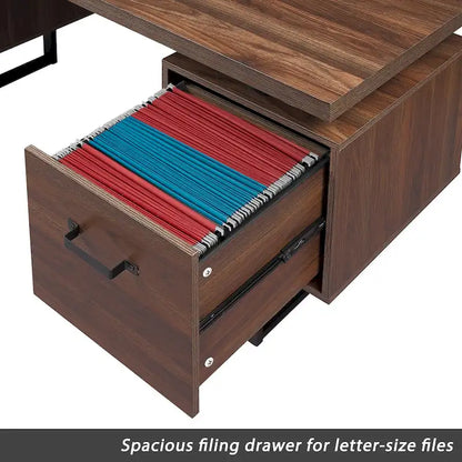 Scrivania Moderna in Noce con 3 Cassetti e Archiviazione per Cartelle Sospese e Superficie Impermeabile da 27 pollici per Ufficio Domestico o Piccoli Spazi di Lavoro