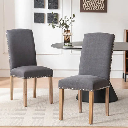 Set of 2 Gray Fabric Dining Chairs with Nailhead Trim