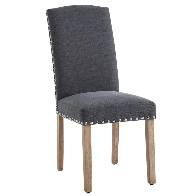 Set of 2 Gray Fabric Dining Chairs with Nailhead Trim