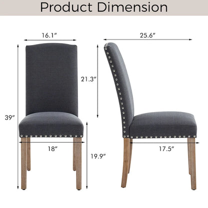 Set of 2 Gray Fabric Dining Chairs with Nailhead Trim