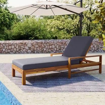 Acacia Wood Chaise Lounge Patio Recliner with Adjustable Backrest & Padded Cushion, Outdoor Sunbathing Chair for Poolside Areas