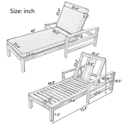 Acacia Wood Chaise Lounge Patio Recliner with Adjustable Backrest & Padded Cushion, Outdoor Sunbathing Chair for Poolside Areas