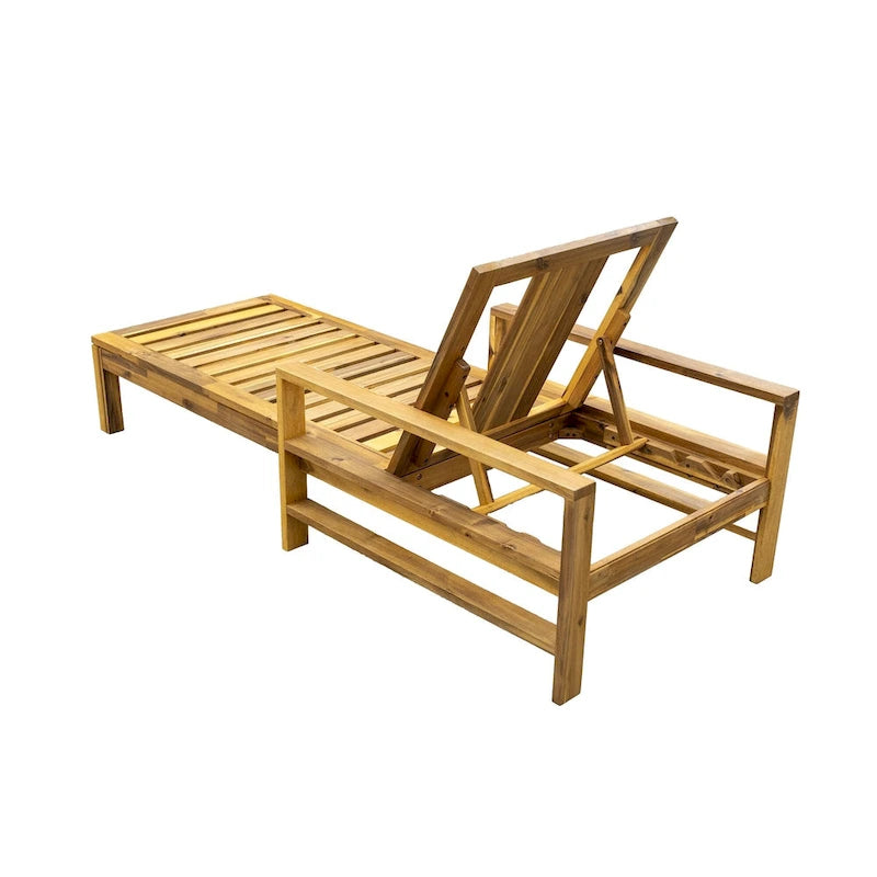 Acacia Wood Chaise Lounge Patio Recliner with Adjustable Backrest & Padded Cushion, Outdoor Sunbathing Chair for Poolside Areas