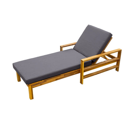 Acacia Wood Chaise Lounge Patio Recliner with Adjustable Backrest & Padded Cushion, Outdoor Sunbathing Chair for Poolside Areas