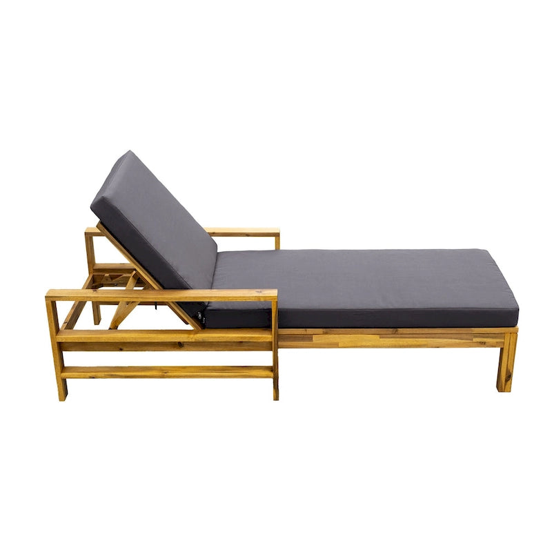 Acacia Wood Chaise Lounge Patio Recliner with Adjustable Backrest & Padded Cushion, Outdoor Sunbathing Chair for Poolside Areas