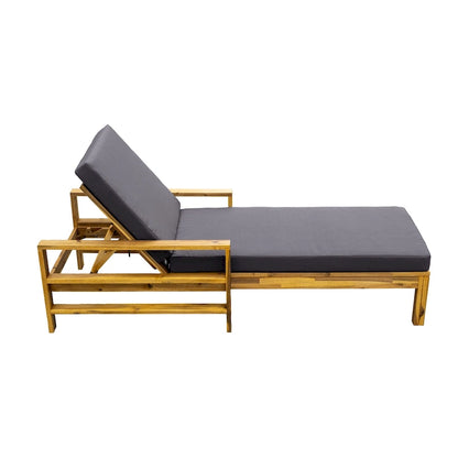 Acacia Wood Chaise Lounge Patio Recliner with Adjustable Backrest & Padded Cushion, Outdoor Sunbathing Chair for Poolside Areas