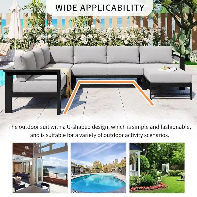4-Piece Outdoor Patio Aluminum U-Shaped Sectional Sofa Set with Thick Cushions