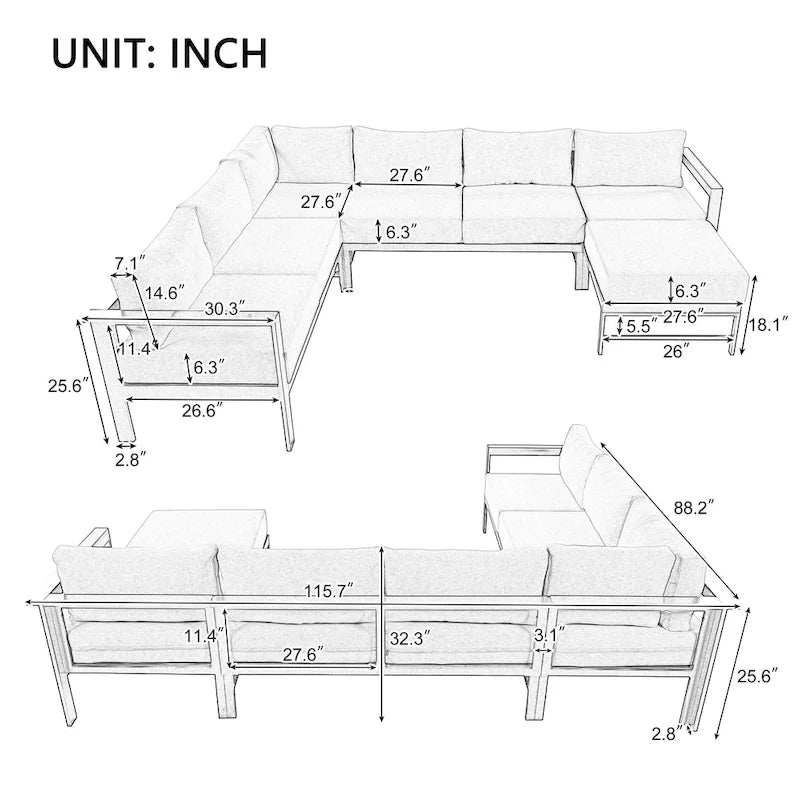 4-Piece Outdoor Patio Aluminum U-Shaped Sectional Sofa Set with Thick Cushions