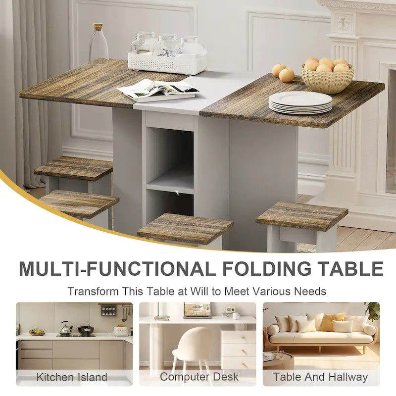 5 Pieces Rolling Wood Extendable Dining Table Set with 4 Chairs
