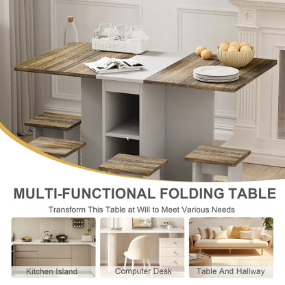 5 Pieces Rolling Wood Extendable Dining Table Set with 4 Chairs