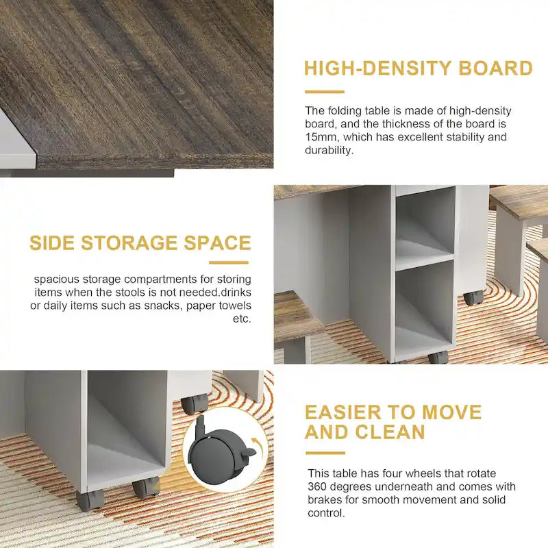 5 Pieces Rolling Wood Extendable Dining Table Set with 4 Chairs