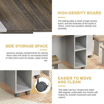 5 Pieces Rolling Wood Extendable Dining Table Set with 4 Chairs