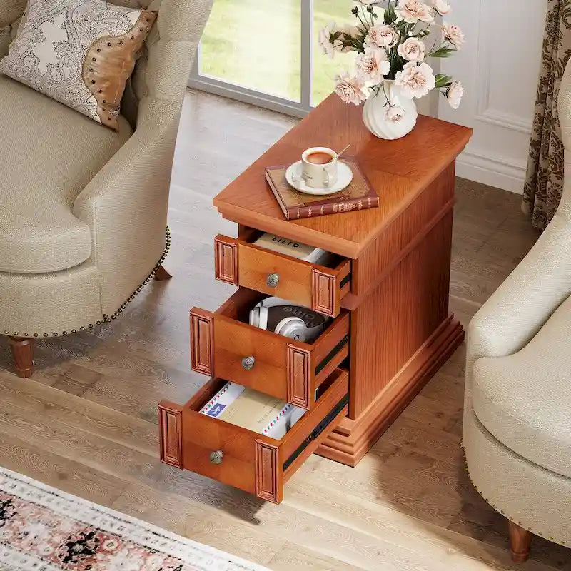 Narrow End Table with 3 Drawers, Vintage Sofa Side Table