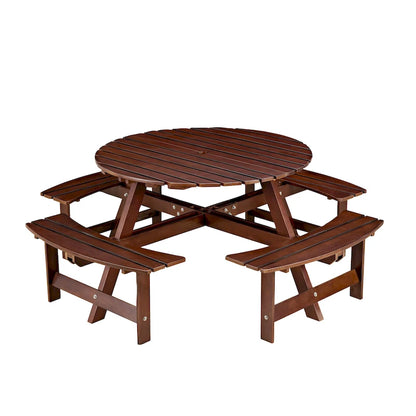 Set da tavolo da picnic rotondo per 8 persone con 4 panche incorporate e foro per ombrellone