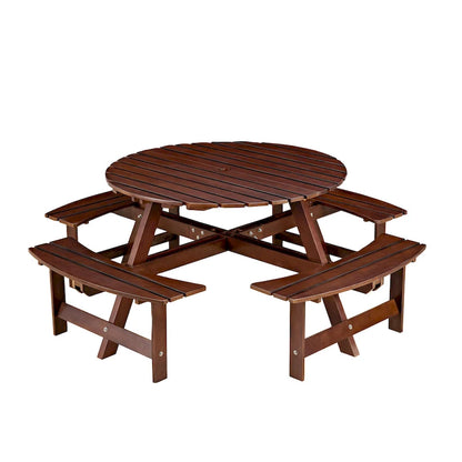 8-Person Outdoor Round Picnic Table Set with 4 Built-in Benches & Umbrella Hole