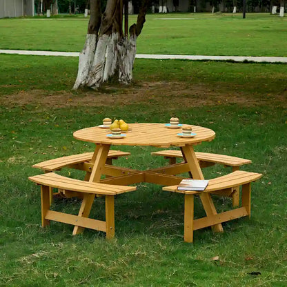 Set da tavolo da picnic rotondo per 8 persone con 4 panche incorporate e foro per ombrellone