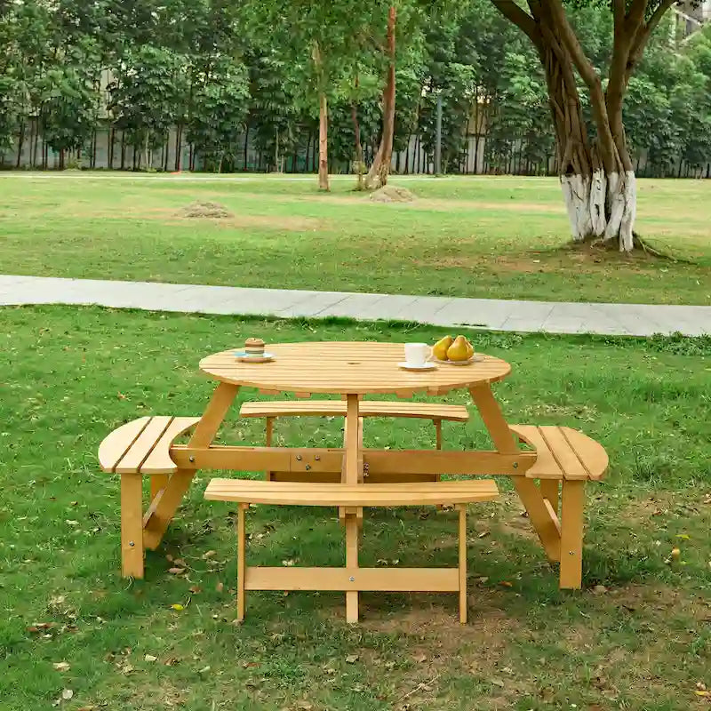 Set da tavolo da picnic rotondo per 8 persone con 4 panche incorporate e foro per ombrellone