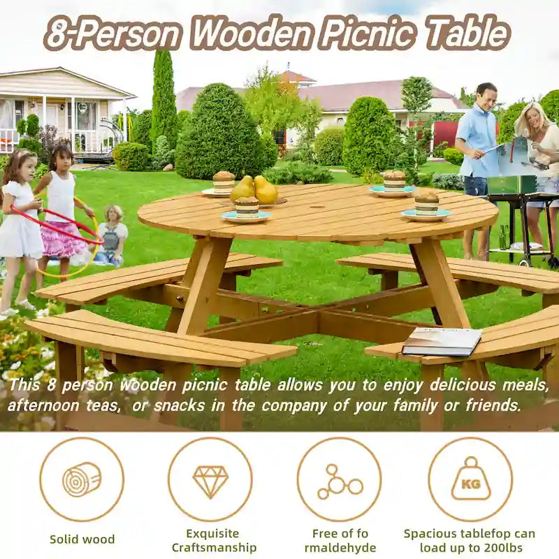 Set da tavolo da picnic rotondo per 8 persone con 4 panche incorporate e foro per ombrellone