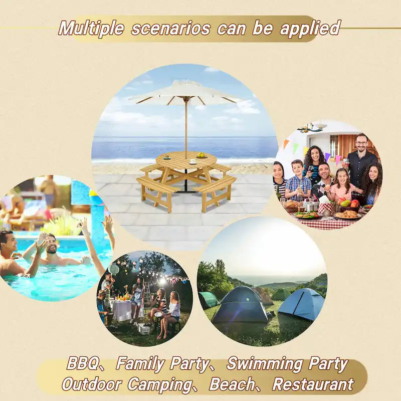 Set da tavolo da picnic rotondo per 8 persone con 4 panche incorporate e foro per ombrellone